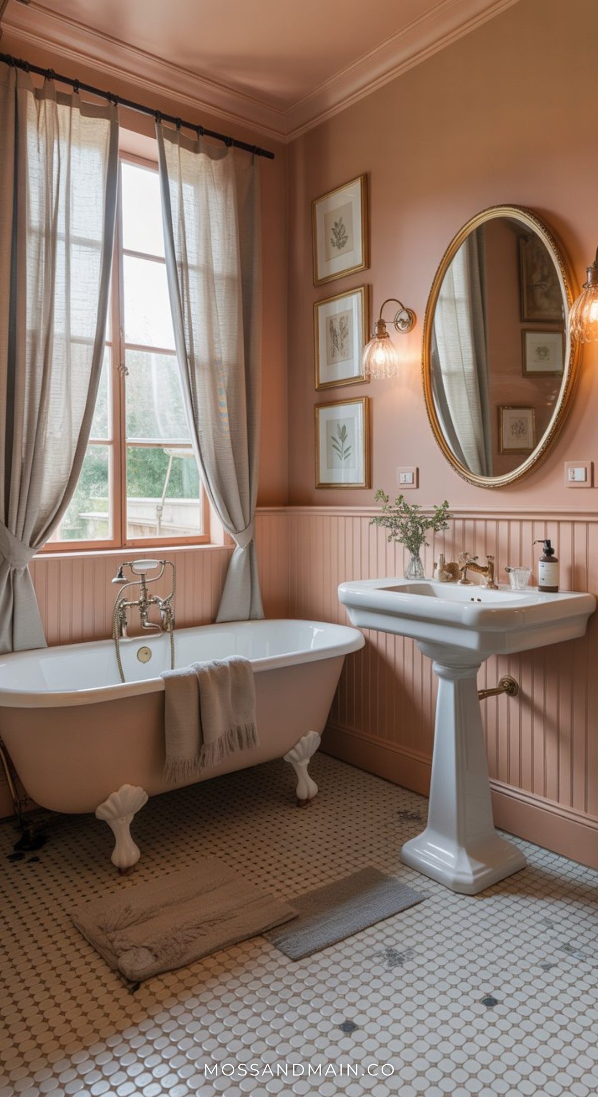 A vintage-style bathroom with peach-colored walls, a clawfoot bathtub, and bold bathroom decor like framed art and a mosaic tile floor offers inspiration for those seeking stylish bathrooms with timeless charm.