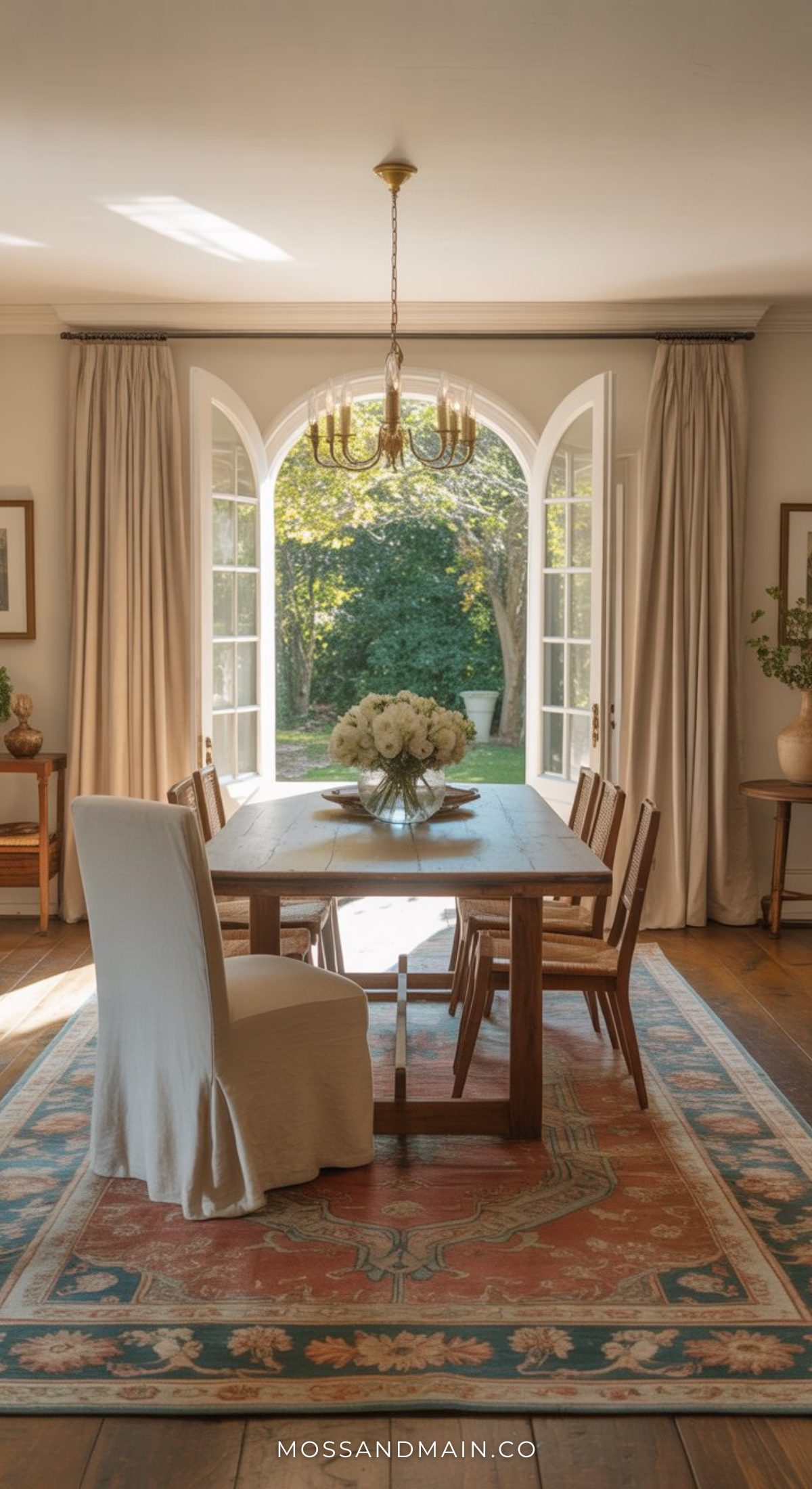 A bright, cozy dining room with a wooden table, four chairs, and a white slipcovered chair sits on a patterned rug. Large arched French doors open to a garden, letting in natural light. A chandelier hangs above the table.