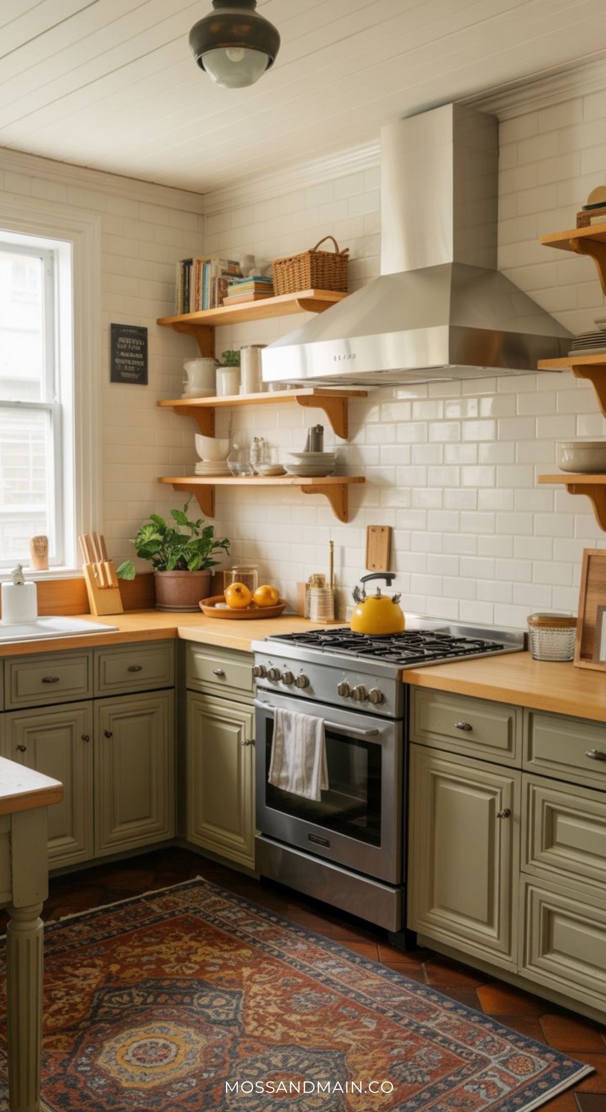 A cozy kitchen with sage green cabinets, wooden countertops, and open shelves filled with dishes and plants captures the inviting warmth of a Nancy Meyers interior, featuring a stainless steel stove, white subway tiles, and a patterned rug.