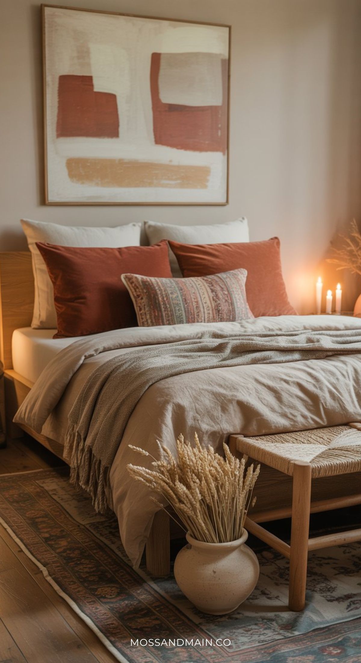 A warm cozy bedroom with earth-toned linens and pillows, a wooden bench at the foot, a vase of dried wheat, soft candlelight, and abstract wall art above the bed—perfect inspiration for earthy guest bedroom ideas.