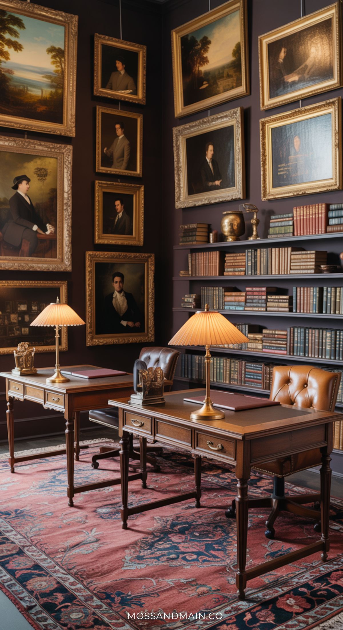A classic, moody home office with dark wood shelves lined with books, two vintage desks with leather chairs, lamps, and framed portraits on deep purple walls. An ornate rug covers the floor—perfect for inspiring home office ideas.