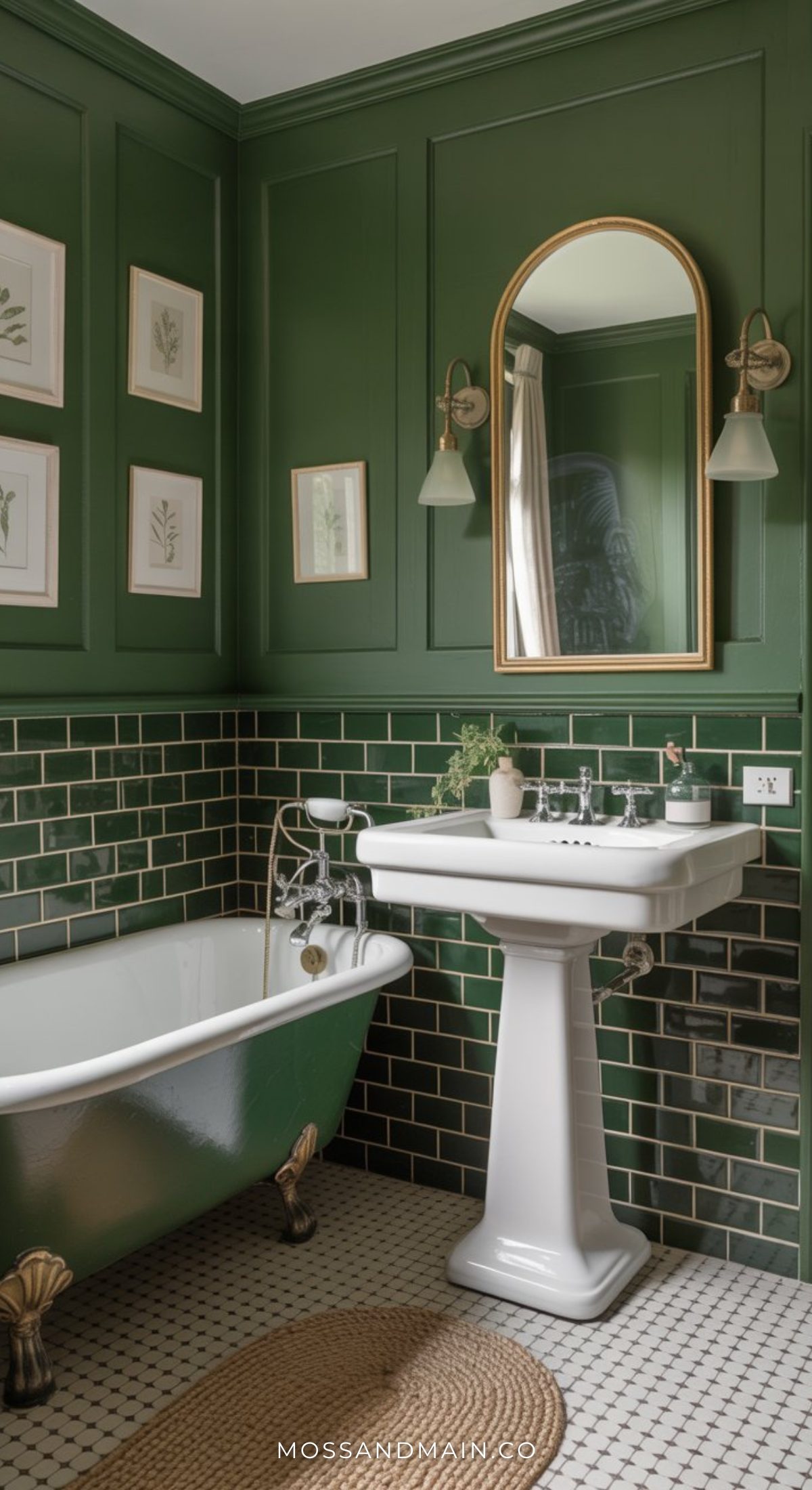 A moody bathroom with dark green paneled walls and matching subway tiles, featuring a white pedestal sink, clawfoot bathtub with green exterior, gold-framed mirror, wall sconces, and botanical wall art.