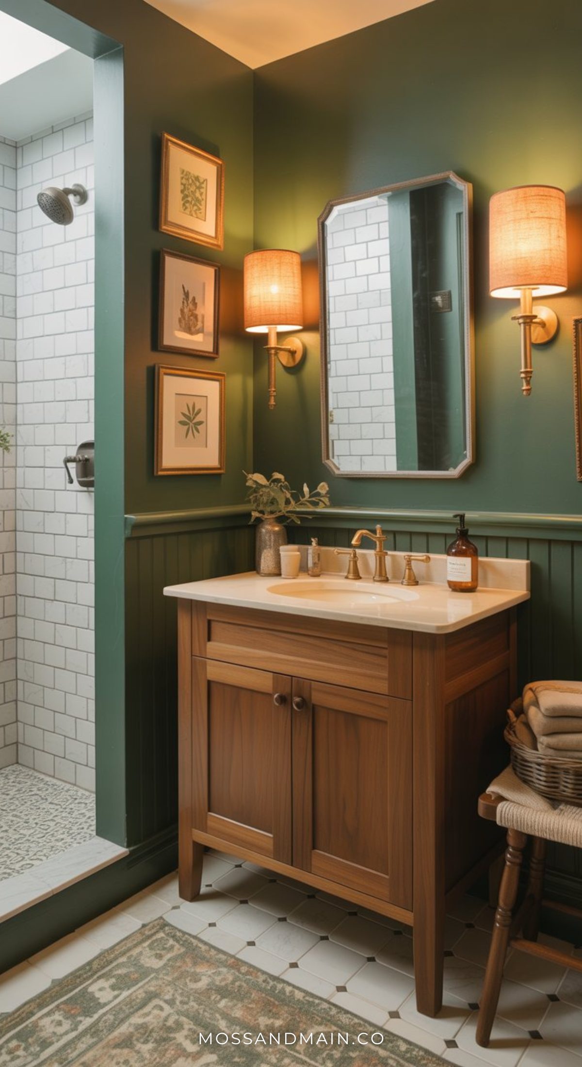 A stylish dark green bathroom with a wooden vanity, mirror, wall sconces, framed art, potted plant, stacked towels, and a walk-in shower featuring white tiles and a glass door.
