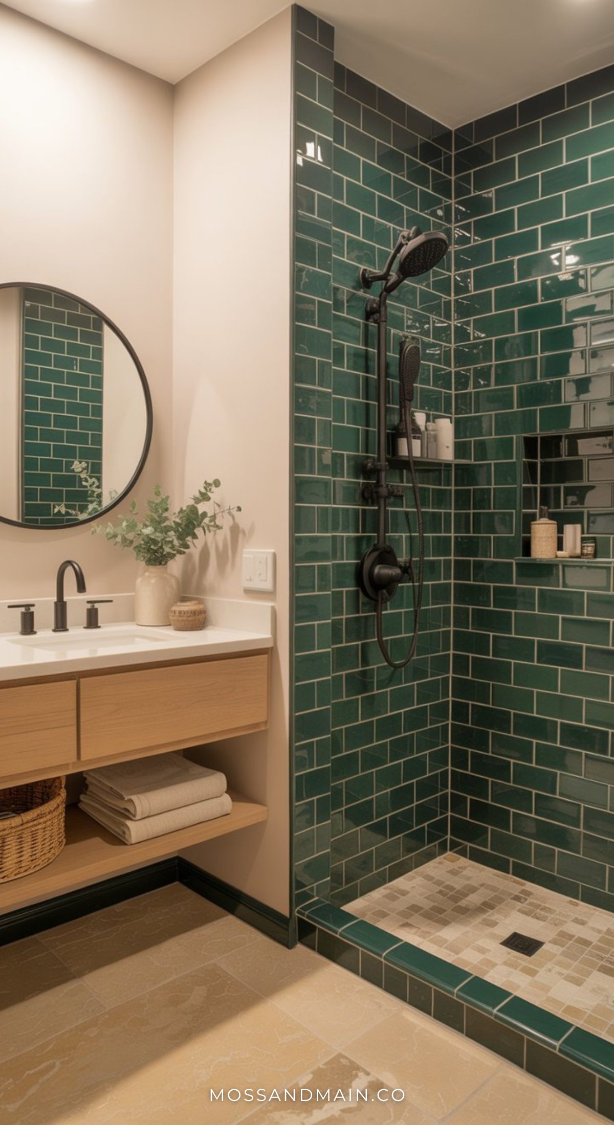 Modern dark green bathroom with a glass shower featuring moody subway tiles, a black showerhead, floating wood vanity with round mirror, and neatly folded towels on an open shelf.