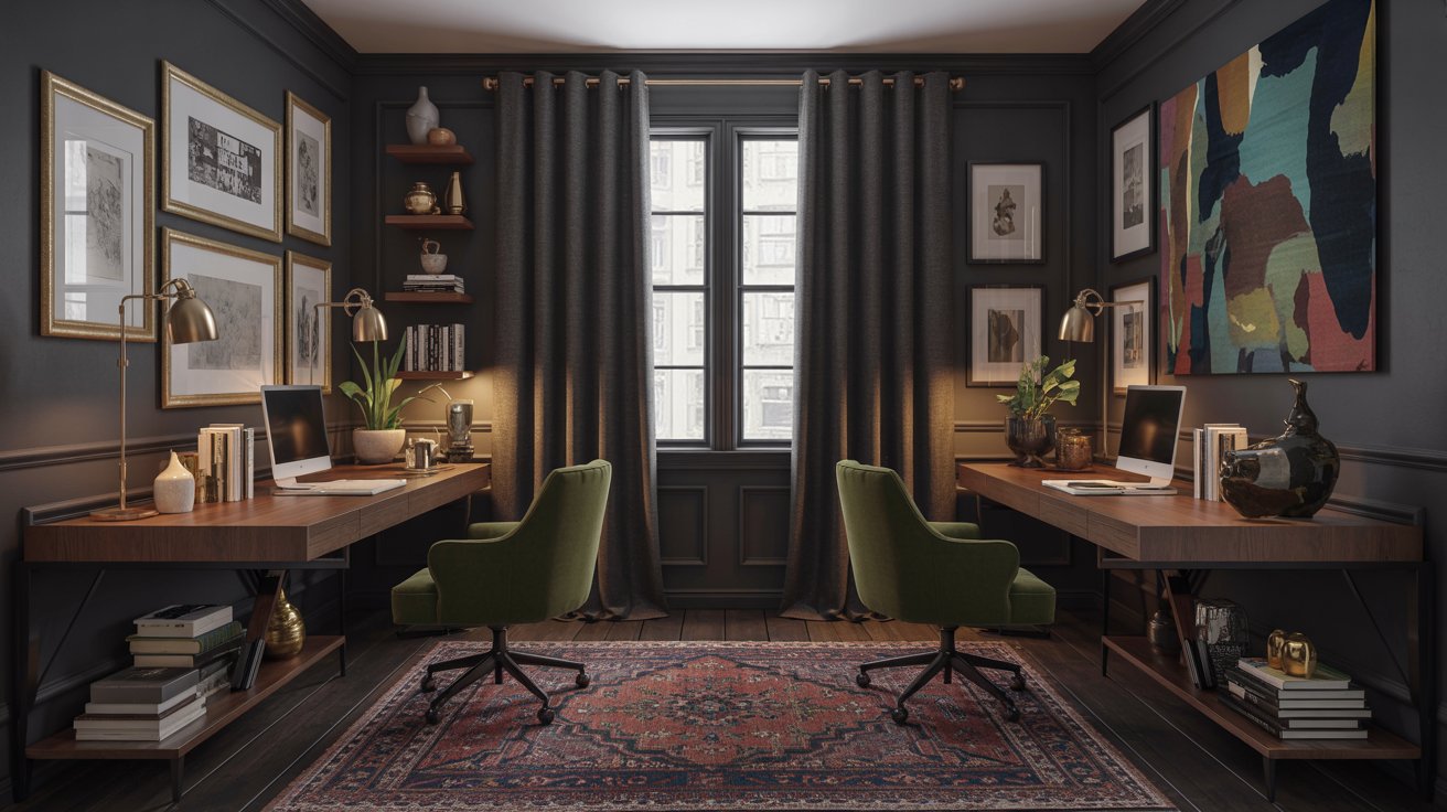 A stylish home office with two wooden desks facing each other, each with a green chair, desk lamp, computer, and decor. Dark walls, framed art, bookshelves, and a patterned rug complete the space. A window with dark curtains is centered on the back wall.
