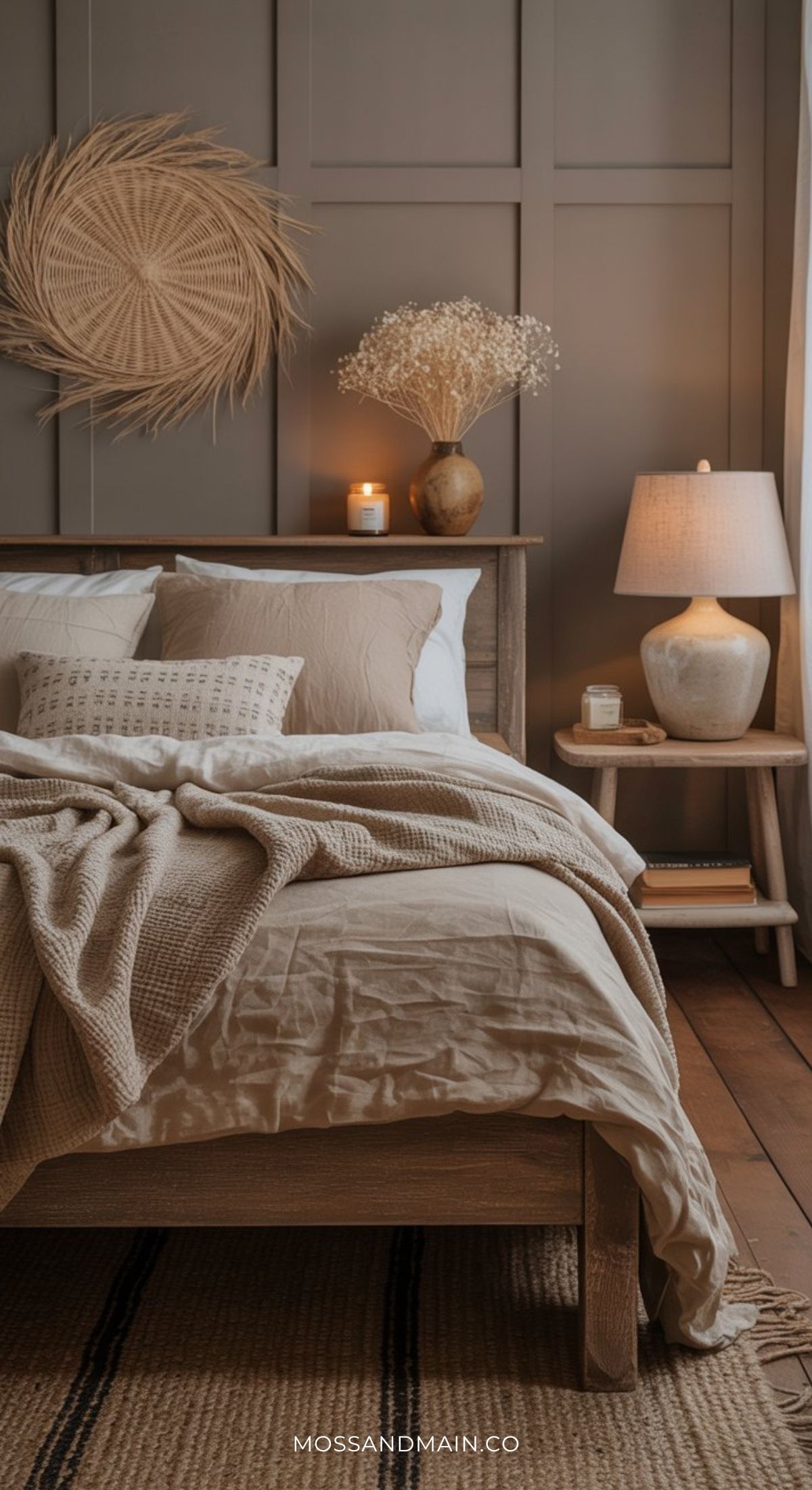 A cozy guest bedroom with neutral tones, featuring a bed with beige bedding, woven wall decor, a bedside table with a ceramic lamp, a vase of dried flowers, a lit candle, and soft natural lighting—perfect for warm bedroom ideas.