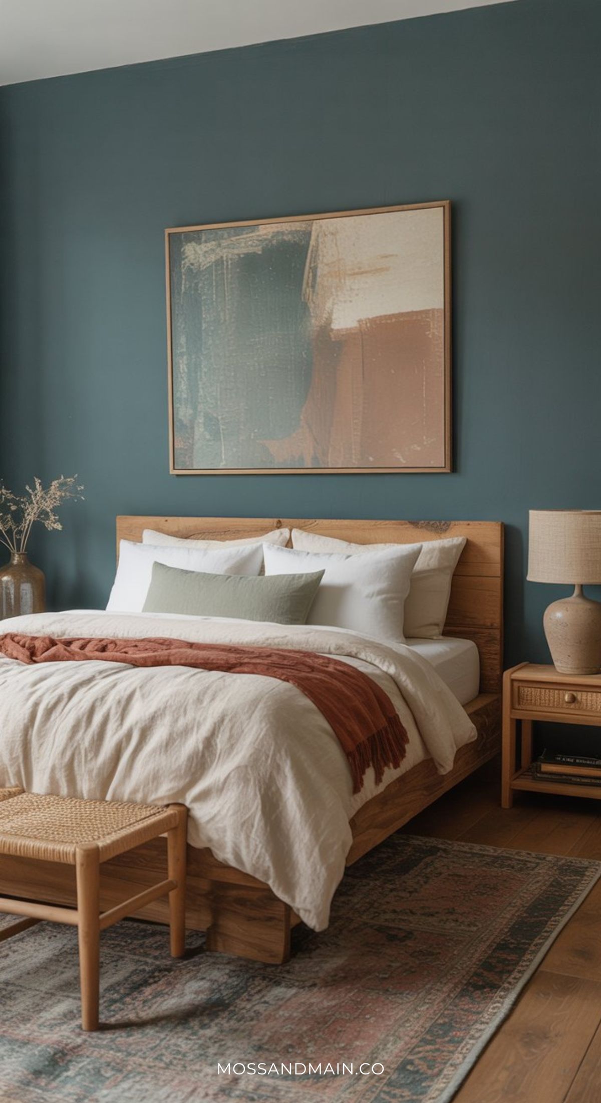 A cozy, elevated guest bedroom with a wooden bed, white and beige bedding, rust-colored throw, and green accent pillow. Teal walls feature a large abstract painting above the bed, with a lamp, nightstand, and woven bench for earthy guest bedroom ideas.