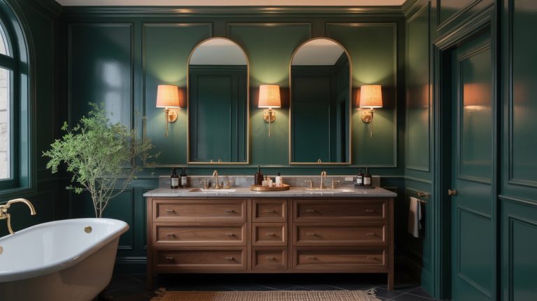 This moody bathroom features dark green paneled walls, a wooden double-sink vanity, three arched mirrors, gold fixtures, wall sconces, a freestanding white tub, and a potted plant beside a large window.