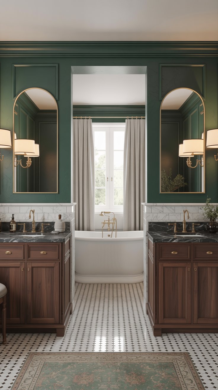 Elegant dark green bathroom with two wooden vanities topped by black countertops, brass fixtures, and arched mirrors. A freestanding white bathtub rests between the vanities beneath a window with beige curtains.