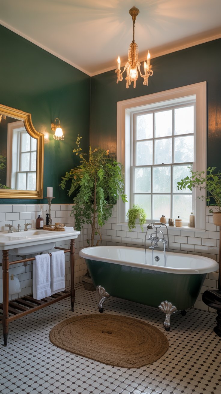 Elegant moody bathroom with dark green walls, white tile, a vintage clawfoot tub, wooden vanity with a gold mirror, potted plants, a round jute rug, and a chandelier hanging from the ceiling.