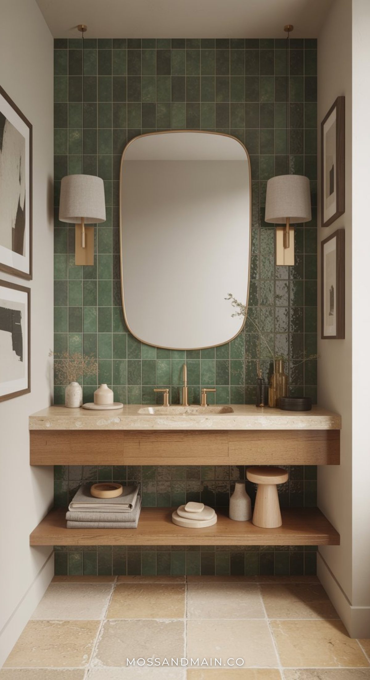 A modern dark green bathroom with a tiled accent wall, oval mirror, two wall sconces, a wooden floating vanity with a stone sink, open shelf below displaying decor, and framed art on crisp white walls.