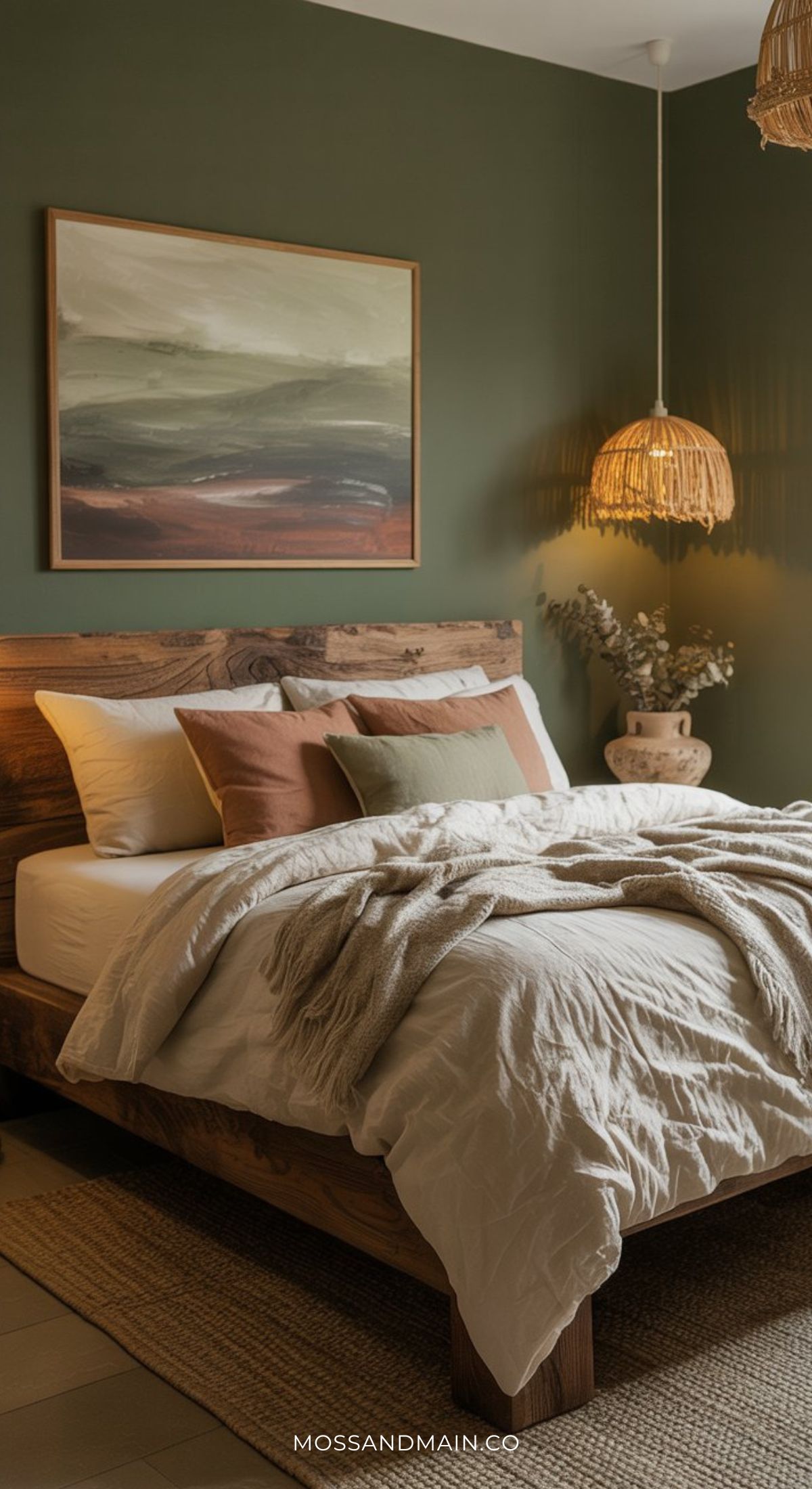 A cozy guest bedroom with a wooden bed, white and brown bedding, earth-toned pillows, and a draped throw blanket. A nature-inspired painting, woven pendant lights, and a vase with dried branches complete this relaxing retreat.