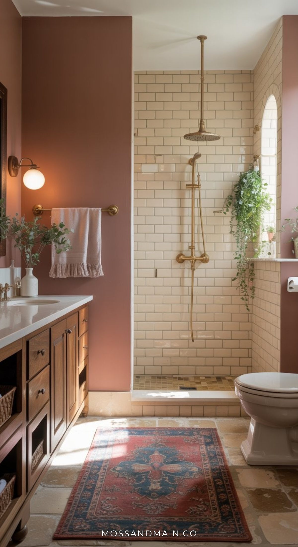 A warm, stylish bathroom with wood cabinetry, a vintage rug, pinkish-brown walls, a glassless shower featuring brass fixtures and white subway tiles, plus greenery by a small window—perfect for those seeking bold bathroom inspiration.