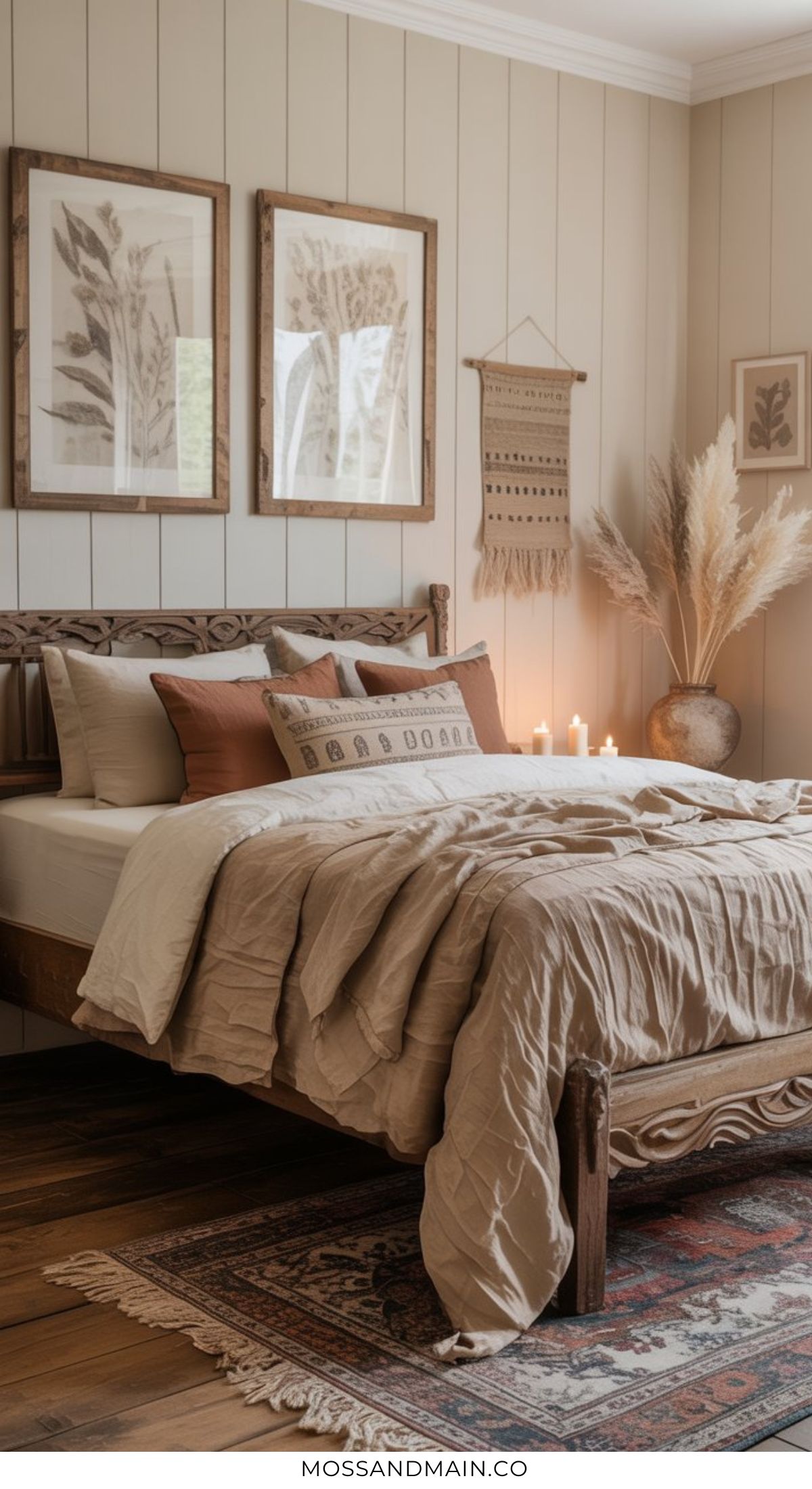A cozy bedroom idea featuring a bed surrounded by candles and art on the wall creates a warm, elevated decor perfect for an earthy guest bedroom.