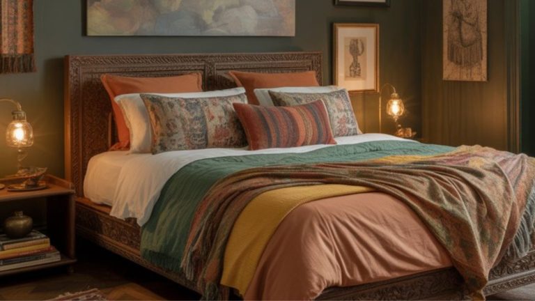 A cozy dark boho bedroom with an ornate wooden bed frame, colorful pillows, and layered bedding in green, rust, yellow, and white. Warm lighting from vintage lamps and framed art decorates the dark green walls.