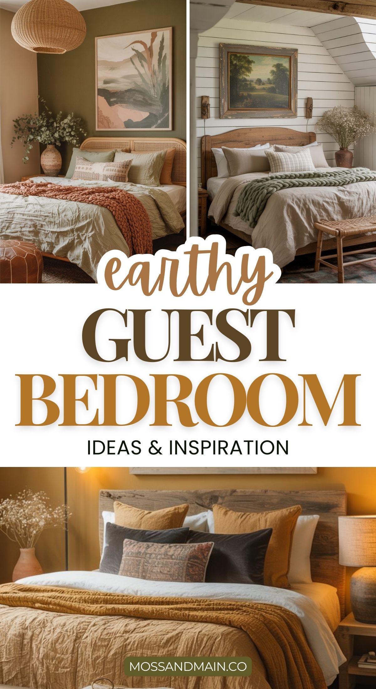 A collage with three earthy guest bedrooms in cozy tones, featuring warm bedding, wooden accents, plants, and decorative lighting. Text reads: Earthy Guest Bedroom Ideas & Inspiration. Mossandmain.co appears at the bottom.