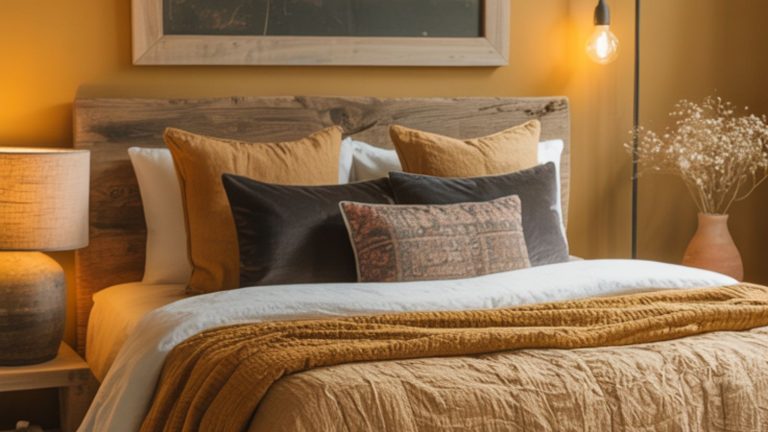 A cozy guest bedroom featuring a wooden headboard, mustard yellow and brown bedding, rustic cushions, a bedside lamp, hanging bulb, and a vase with dried flowers set against a warm yellow wall.