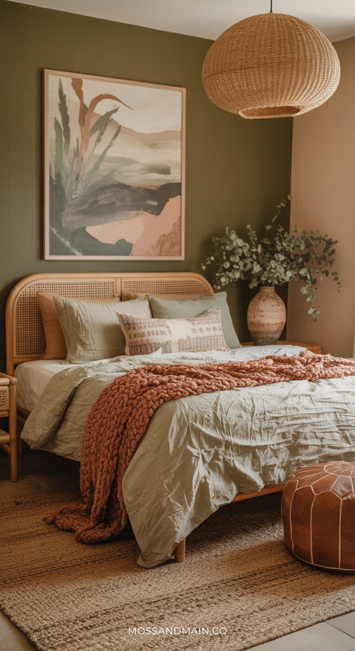 A cozy guest bedroom featuring a bed with a blanket and a vase of plants, creating a warm and inviting atmosphere.