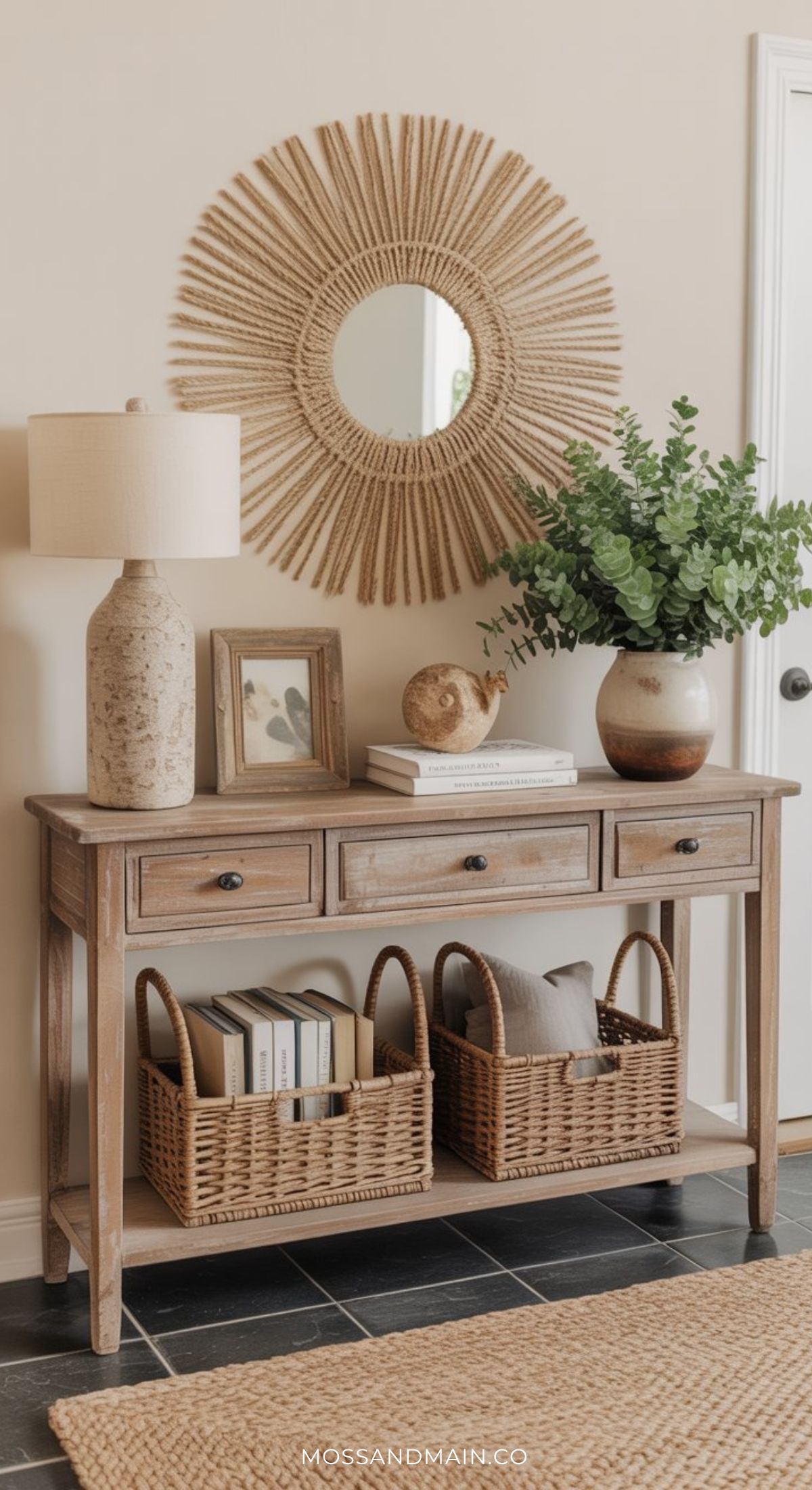A wooden console table with three drawers showcases stylish entryway table decor—featuring a lamp, framed photo, books, pottery, and a vase of greenery. Two woven baskets rest below, while a round sunburst mirror brightens the beige wall above.