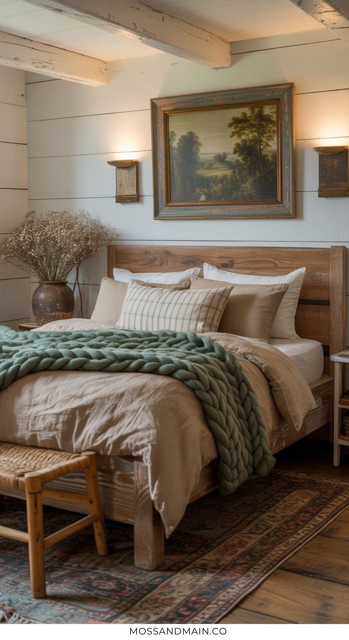 A cozy guest bedroom with a wooden bed, neutral bedding, chunky knit green blanket, rustic bench, vintage rug, shiplap walls, sconce lighting, a vase of branches, and a framed landscape painting above the bed inspires earthy guest bedroom ideas.