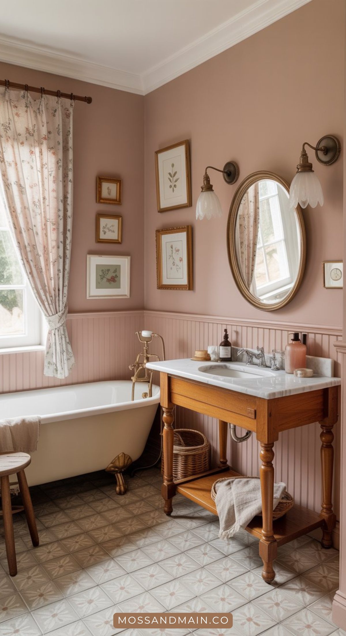 A vintage-style pink bathroom with bold walls, a clawfoot tub, wooden vanity with marble sink, round mirror, floral curtains, framed art, and patterned tile floor. Natural light streams through the window—perfect for stylish bathrooms.