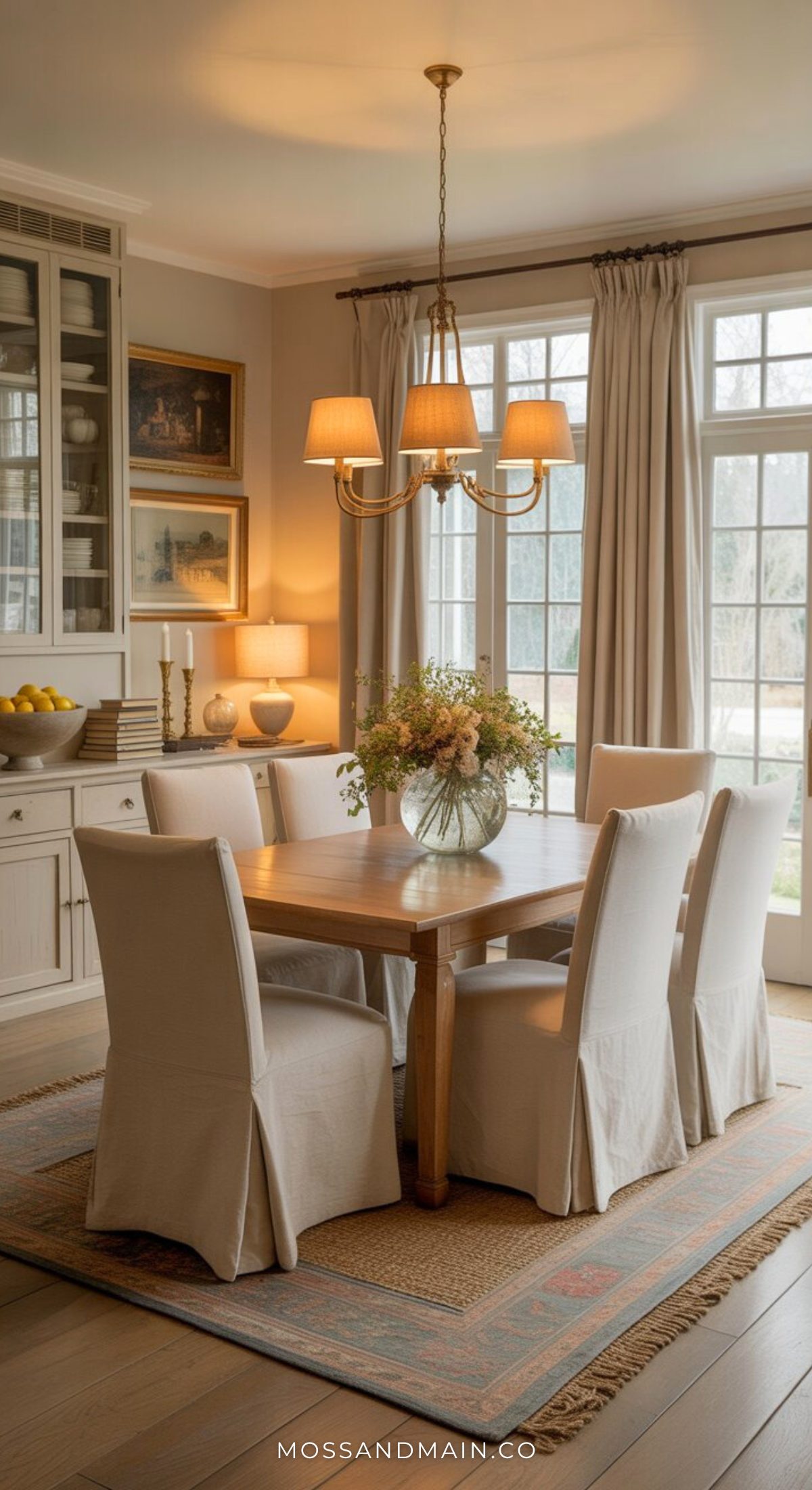 A cozy, elegant timeless dining room with a wooden table, six white slipcovered chairs, a floral centerpiece, a rug, chandelier, large windows with beige curtains, and tasteful wall art and accessories.