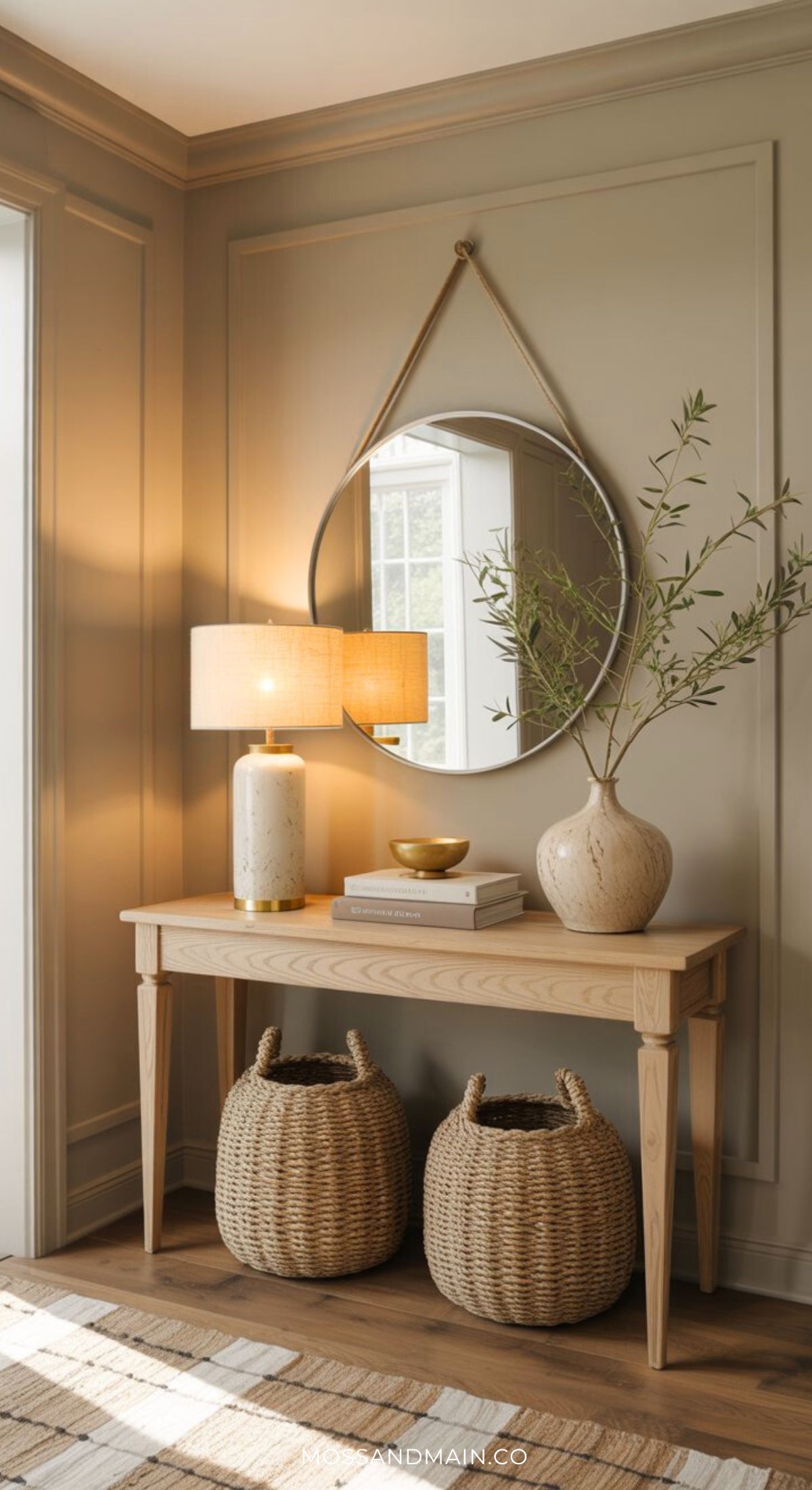 A wooden console serves as stylish entryway table decor, topped with a round mirror, lamp, books, gold bowl, and a vase of branches. Two woven baskets sit below on a wooden floor in this softly lit room.