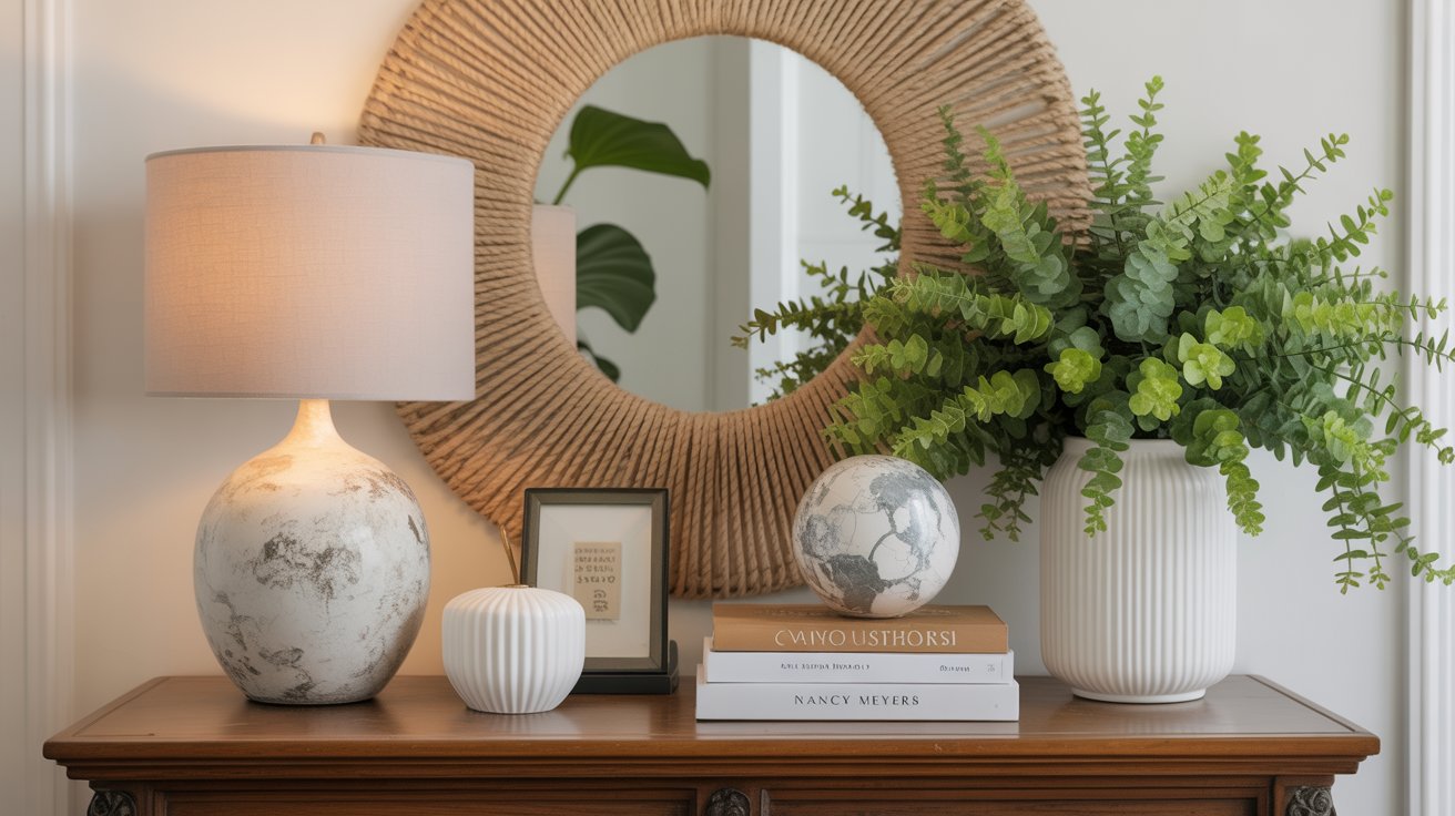 A wooden console table showcases stylish entryway table decor: a gray and white lamp, vases, a framed quote, stacked books, a decorative sphere, and lush green foliage. Above, a round wicker mirror adds charm to the scene.
