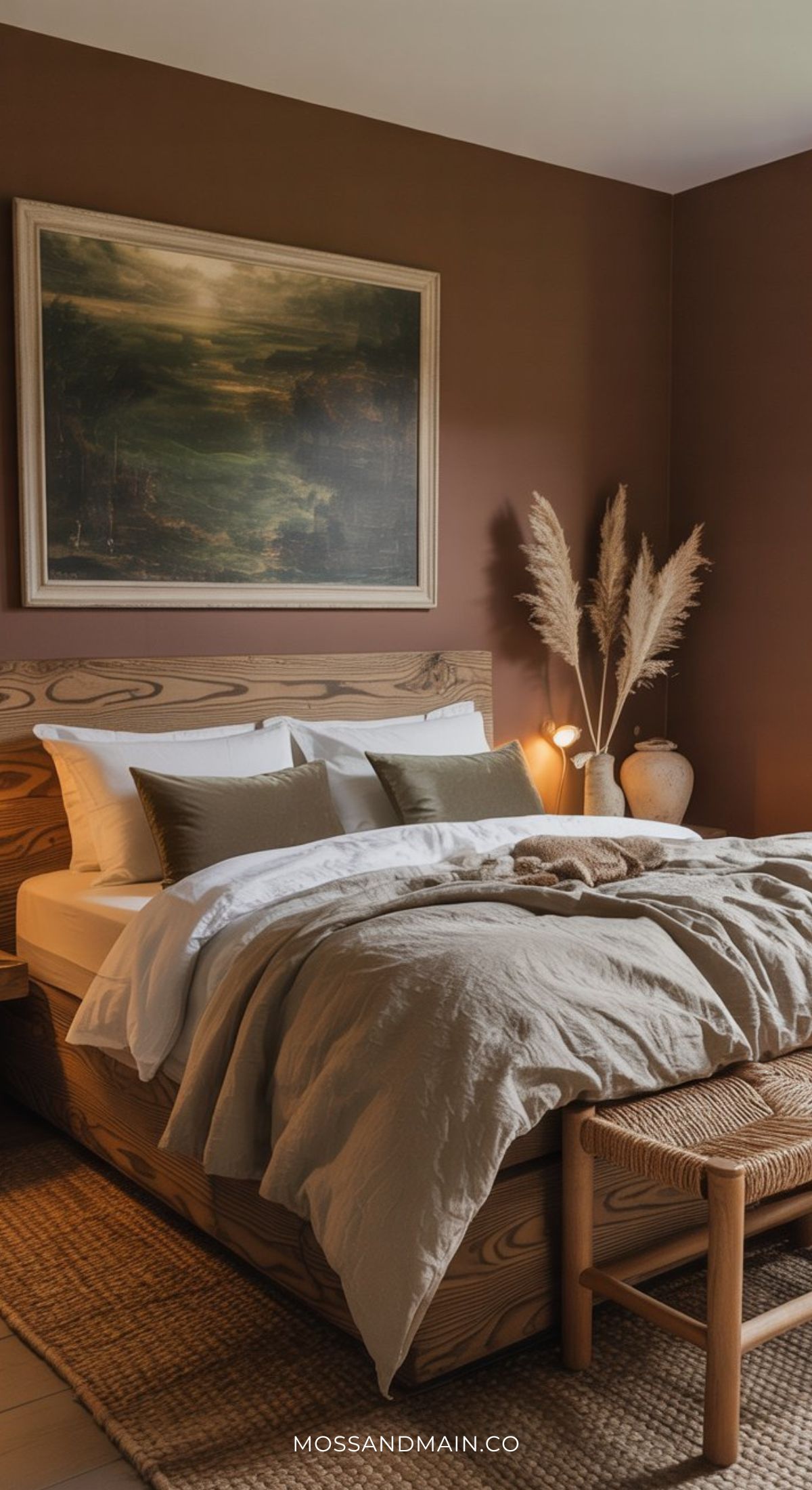 A cozy guest bedroom with earthy brown walls, a wooden bed with neutral bedding, green accent pillows, pampas grass in a vase, a landscape painting above the bed, and a woven bench at the foot of the bed.