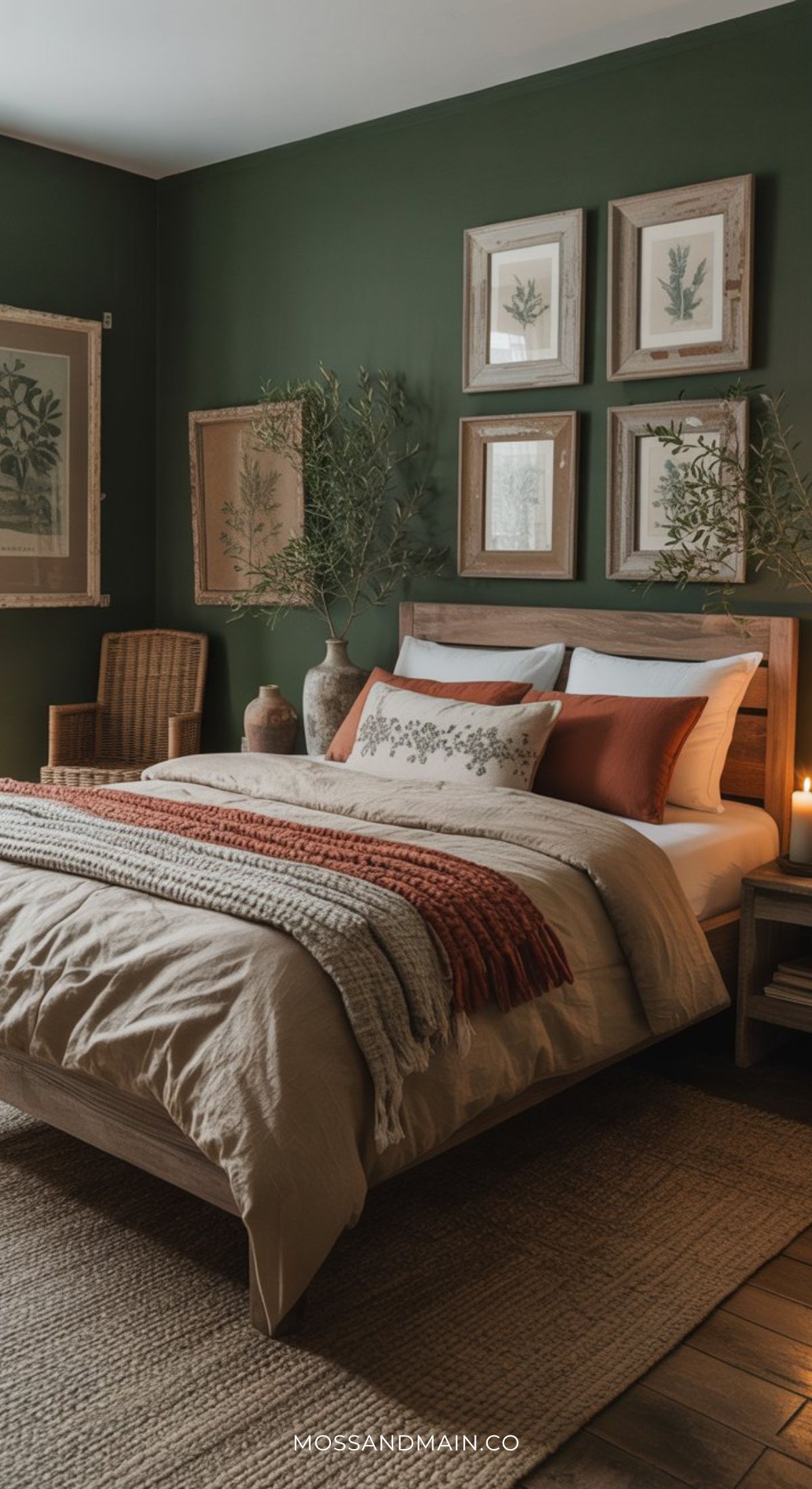 A cozy bedroom with green walls, a wooden bed dressed in beige and rust bedding, framed botanical prints, and pottery offers inviting warmth. Perfect for those seeking cozy bedroom ideas or an earthy guest bedroom retreat.