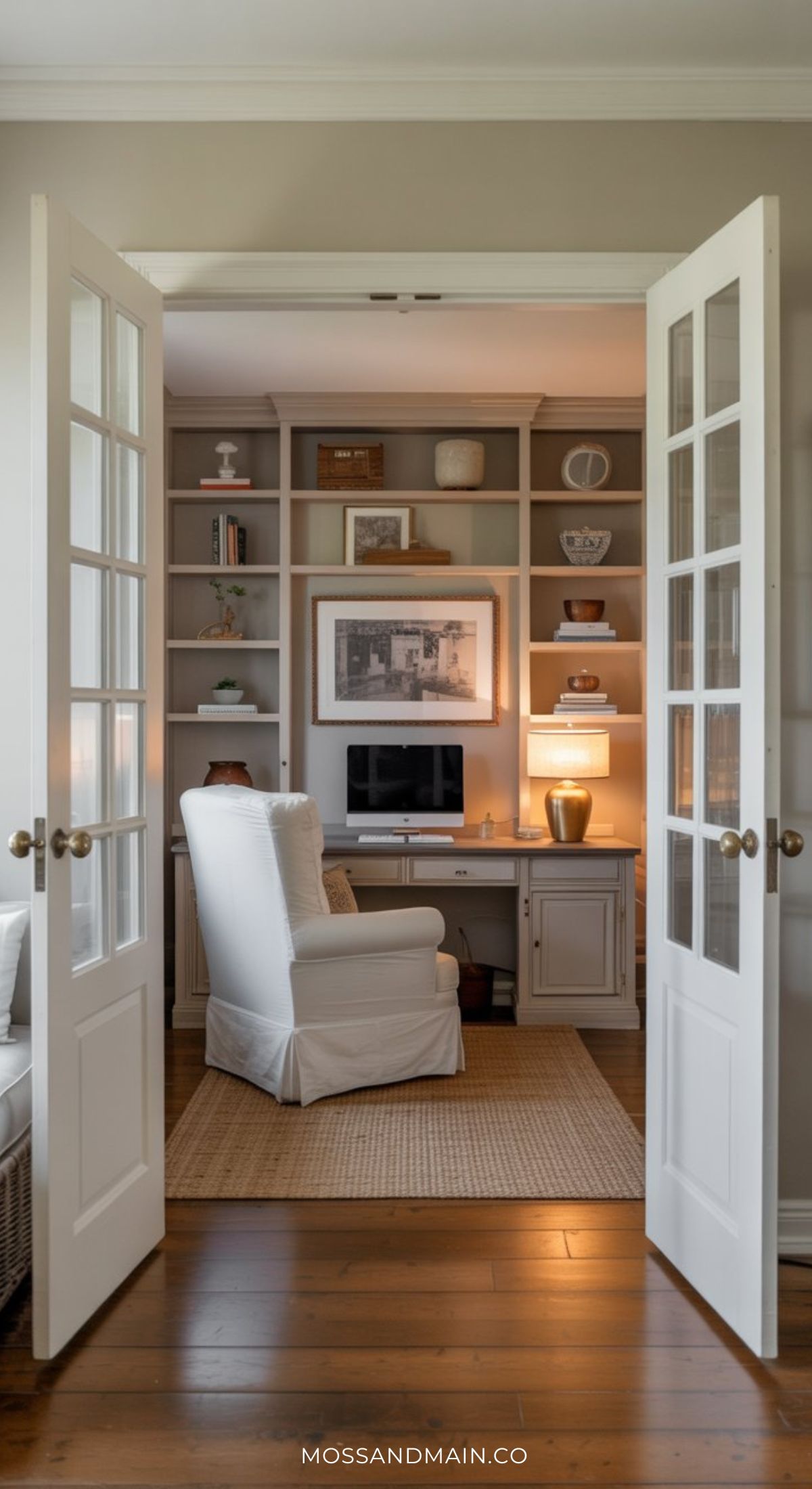 A cozy home office with French doors, built-in shelves displaying decor, a desk with a computer, framed art, and a white upholstered chair evokes a warm Nancy Meyers interior design aesthetic on hardwood floors.