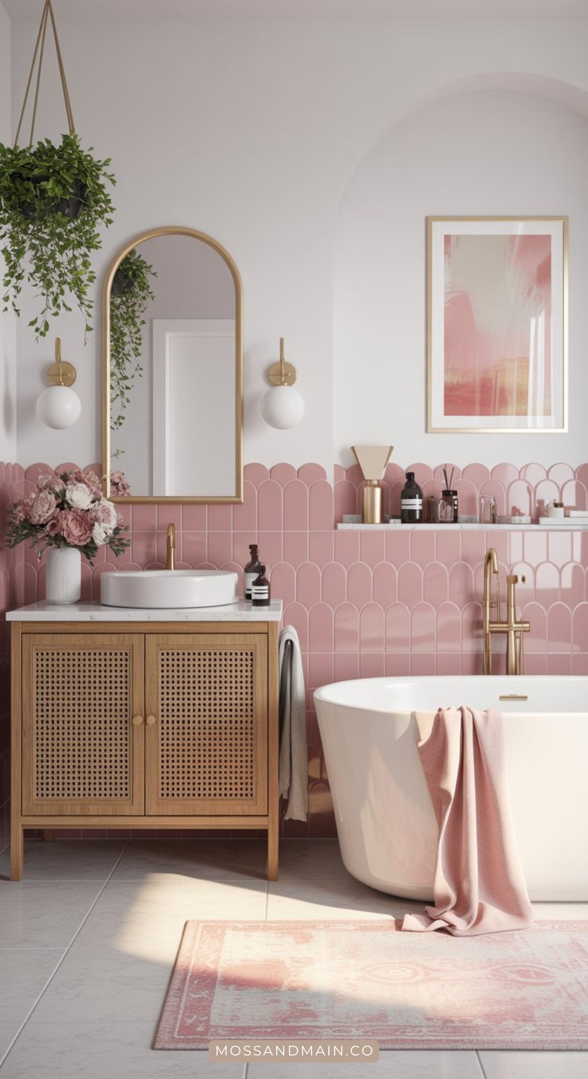 A chic edit of a pink bathroom: scalloped tiles, a freestanding tub, gold fixtures, a wooden vanity with mirror, wall art, a hanging plant, and a pink towel draped over the tub—perfect inspiration for bold bathroom design.