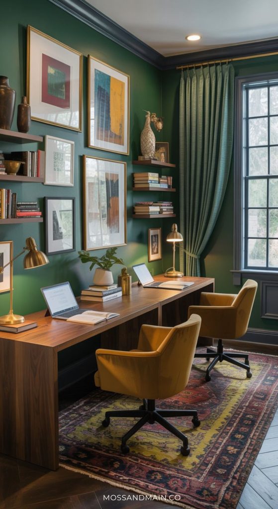 A stylish home office for two with a green accent wall, two wooden desks with laptops, yellow swivel chairs, art and books on shelves, a patterned rug, and a large window with green curtains letting in natural light. Perfect for shared workspace ideas.