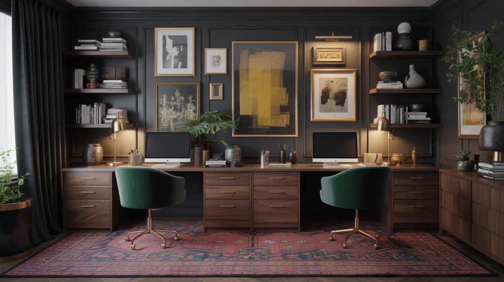 A stylish dark home office for two with green chairs, computers, bookshelves, framed art on deep walls, desk lamps, and plants sits on a patterned rug, filled with natural light streaming from the left.