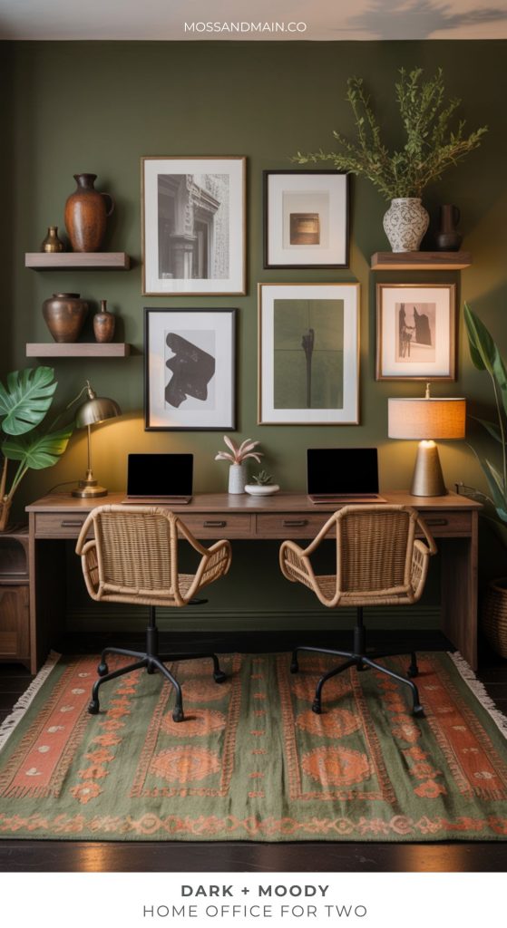 A stylish dark home office for two with a rich green wall, wooden desk, wicker chairs, laptops, framed art, shelves with vases, potted plants, table lamps, and a patterned rug creates a dark and moody atmosphere—perfect for work.