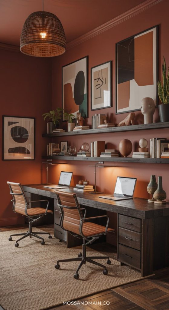A stylish home office for two with dual desks and chairs, warm brown walls, abstract wall art, open shelves with books and decor, a woven rug, and soft ambient lighting—perfect for those seeking dark home office ideas for two.