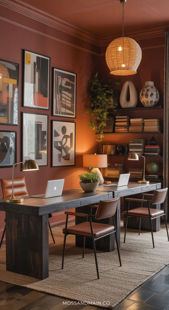 A stylish dark home office for two features wooden desks, brown chairs, laptops, wall art, bookshelves, potted plants, and warm light from a round woven pendant lamp. Walls are painted a rich terracotta color—perfect for shared home office ideas for two.