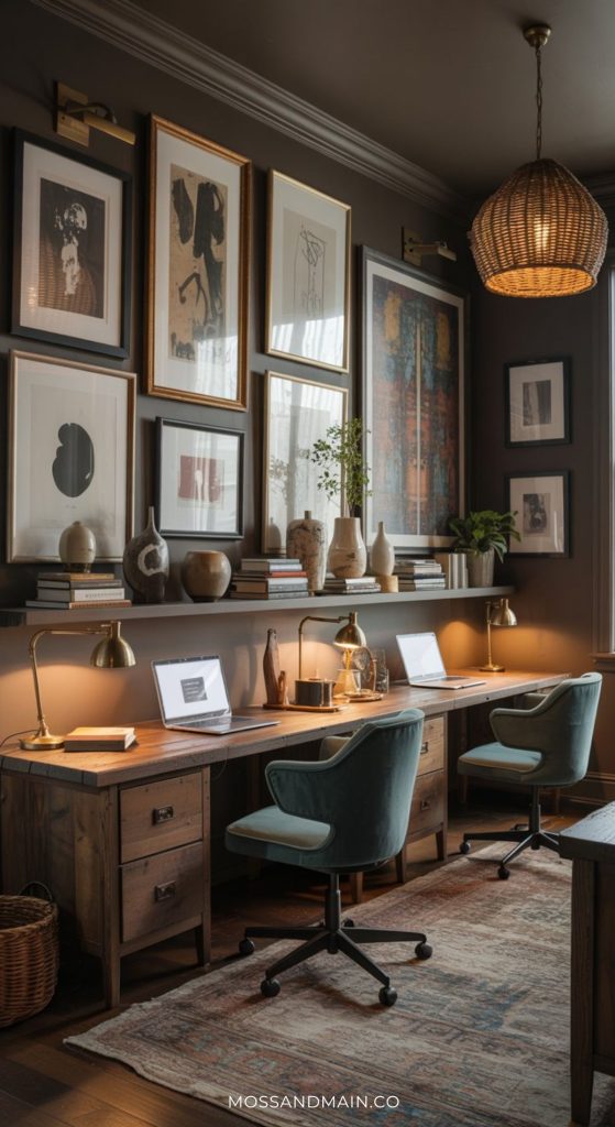 A stylish dark home office for two with wooden desks, blue chairs, laptops, and desk lamps. Shelves display vases, while art prints and framed pictures decorate the walls. A woven pendant light hangs above, offering chic home office ideas for two.