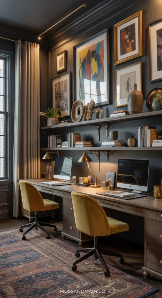 A stylish dark home office for two with wooden desks, yellow chairs, desktop computers, and gold desk lamps. Art, books, and decor fill wall shelves above. Large windows and dark walls create a cozy, elegant atmosphere.