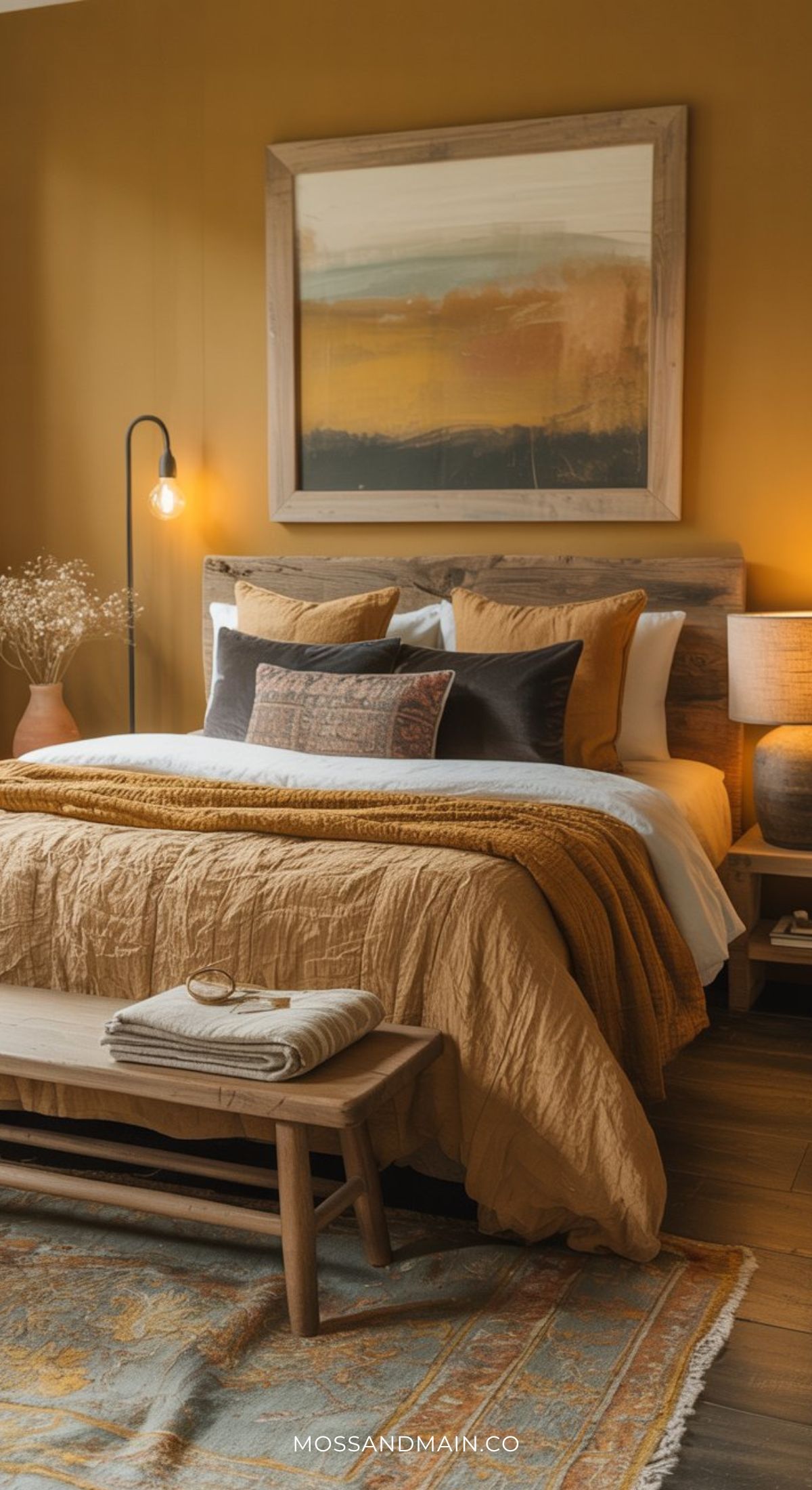 A cozy guest bedroom with mustard yellow walls, a rustic wooden bed layered in earthy-toned bedding, two bedside tables with lamps, a bench with folded blankets, and a large abstract art piece above the bed.