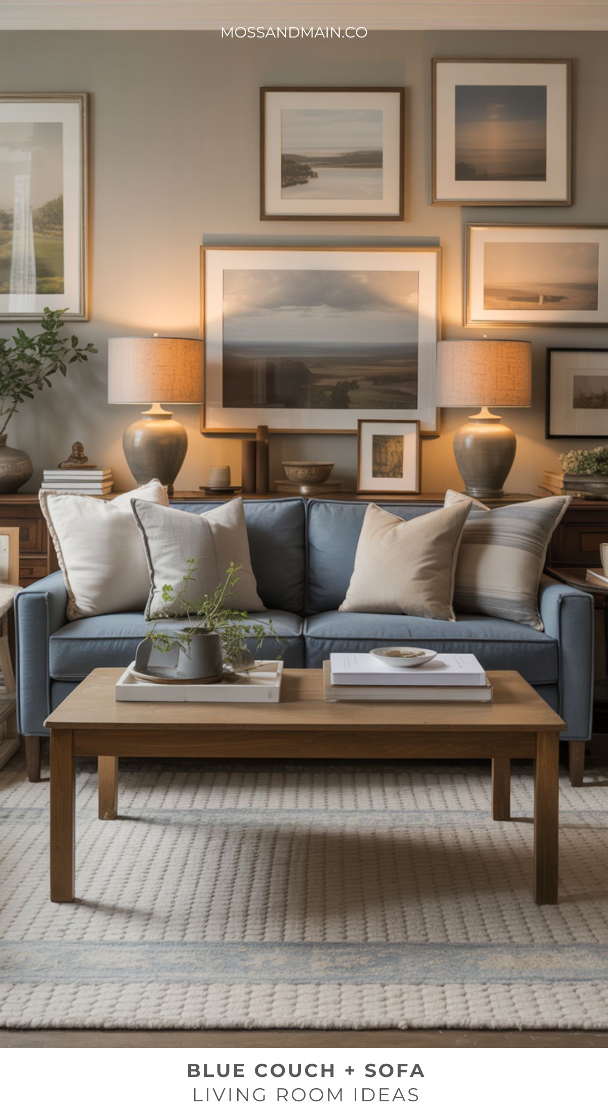 A stylish blue couch living room with beige and white pillows, a wooden coffee table, table lamps, and framed landscape art on the wall. The decor exudes a cozy, modern atmosphere.