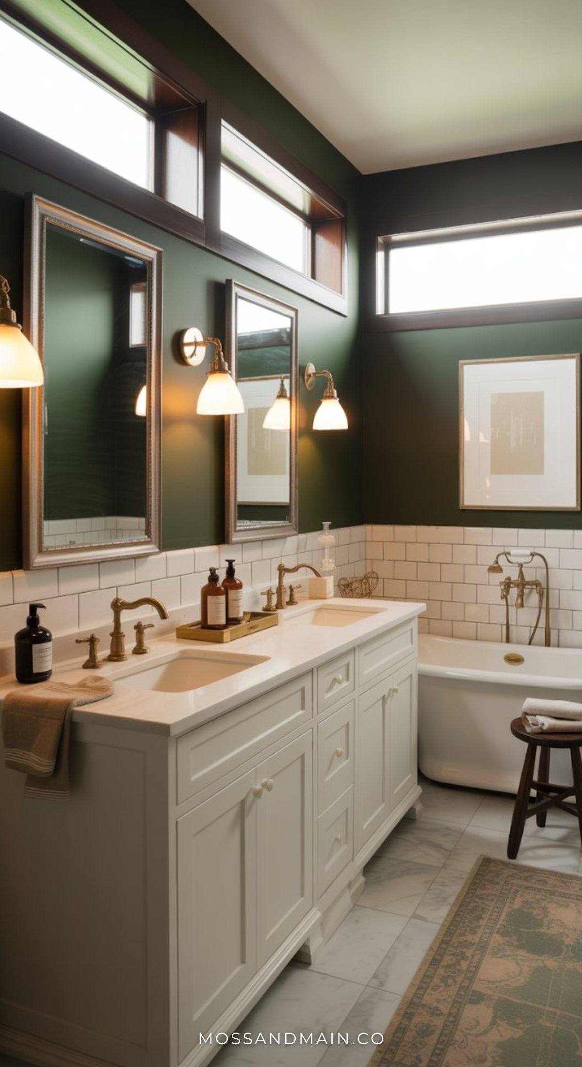 A stylish dark green bathroom with white subway tile, a double-sink vanity with bronze fixtures, wall mirrors, warm lighting, a freestanding tub, and a small wooden stool. Rugs and decor add extra warmth.