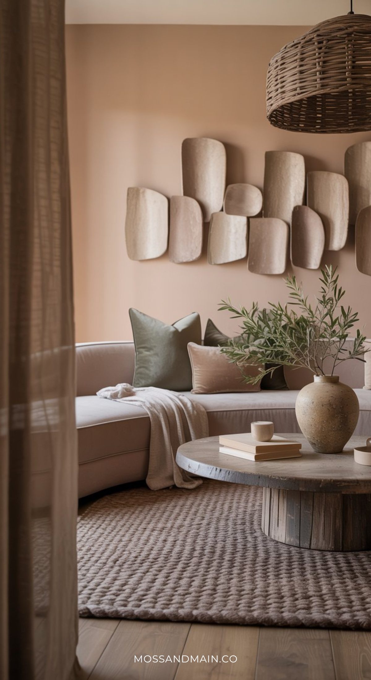 A cozy, modern living room with neutral tones showcases the psychology of color through a curved sofa, textured rug, and abstract wall art. Soft natural light fills this soulful home, creating a warm, inviting atmosphere that feels timeless—even in 2026.