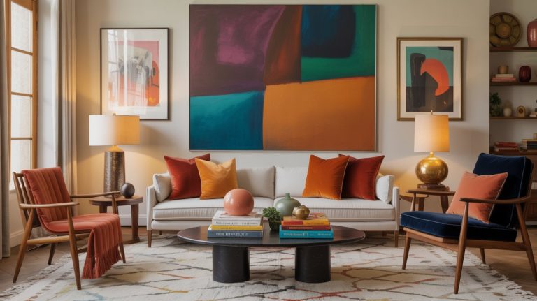 A stylish living room with a white sofa, bright hues on colorful pillows, modern art on the wall, two armchairs, lamps, a round coffee table with decor, and a patterned rug. Warm tones and mid-century modern decor complete the inviting look.