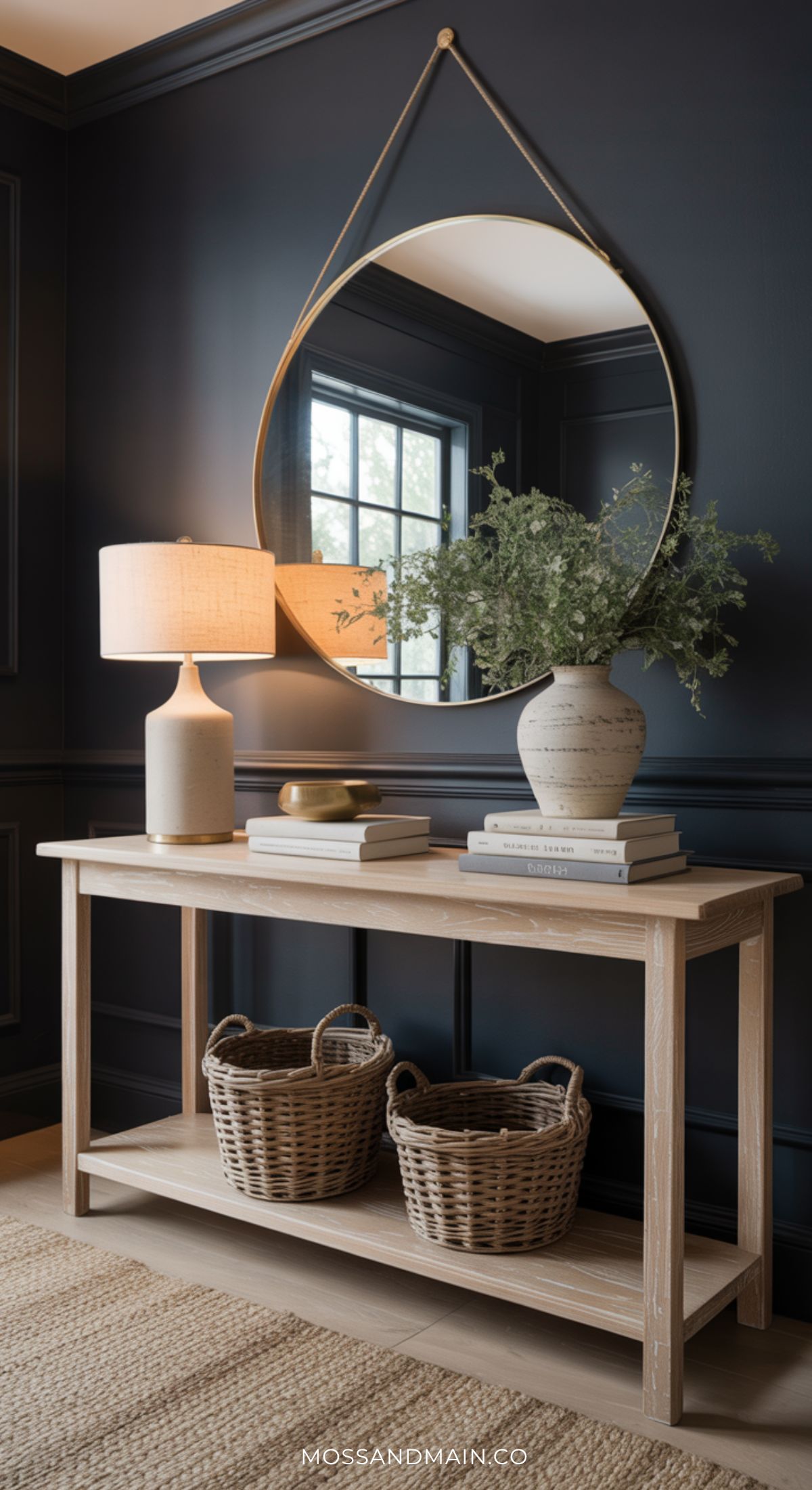 A wooden console table showcases entryway table decor with two baskets below, a lamp, books, and a vase of greenery on top. A round mirror with a leather strap hangs above, reflecting light into the dark-walled room.