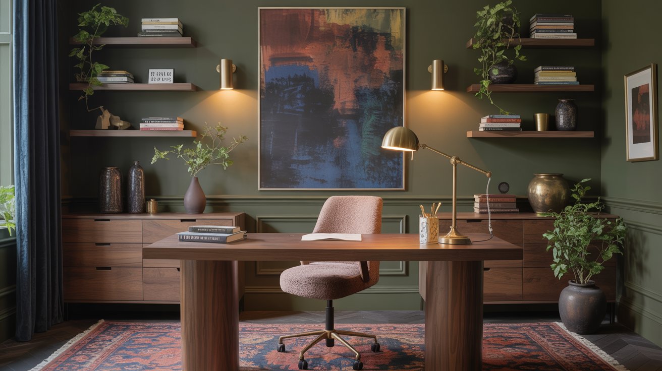 A stylish home office with a wooden desk, pink swivel chair, modern lamp, and abstract painting on a dark green wall reflects Home Office Design trends. Shelves with books and plants frame the space, while a patterned rug adds warmth.