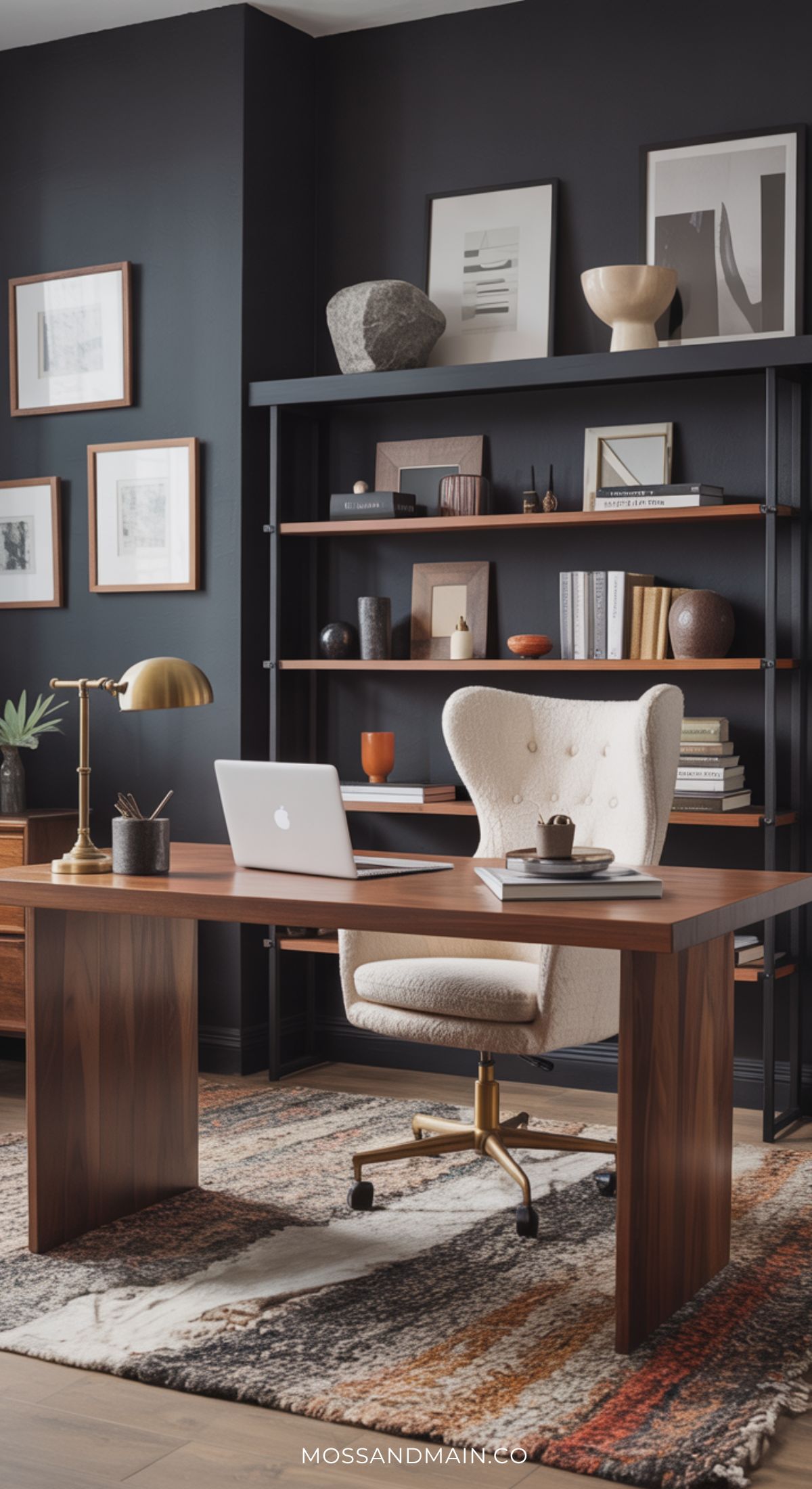 A modern home office design featuring a wooden desk, upholstered swivel chair, laptop, and desk lamp. Dark shelves showcase decor and books, framed pictures line the walls, and a patterned rug grounds this stylish 2026 workspace.