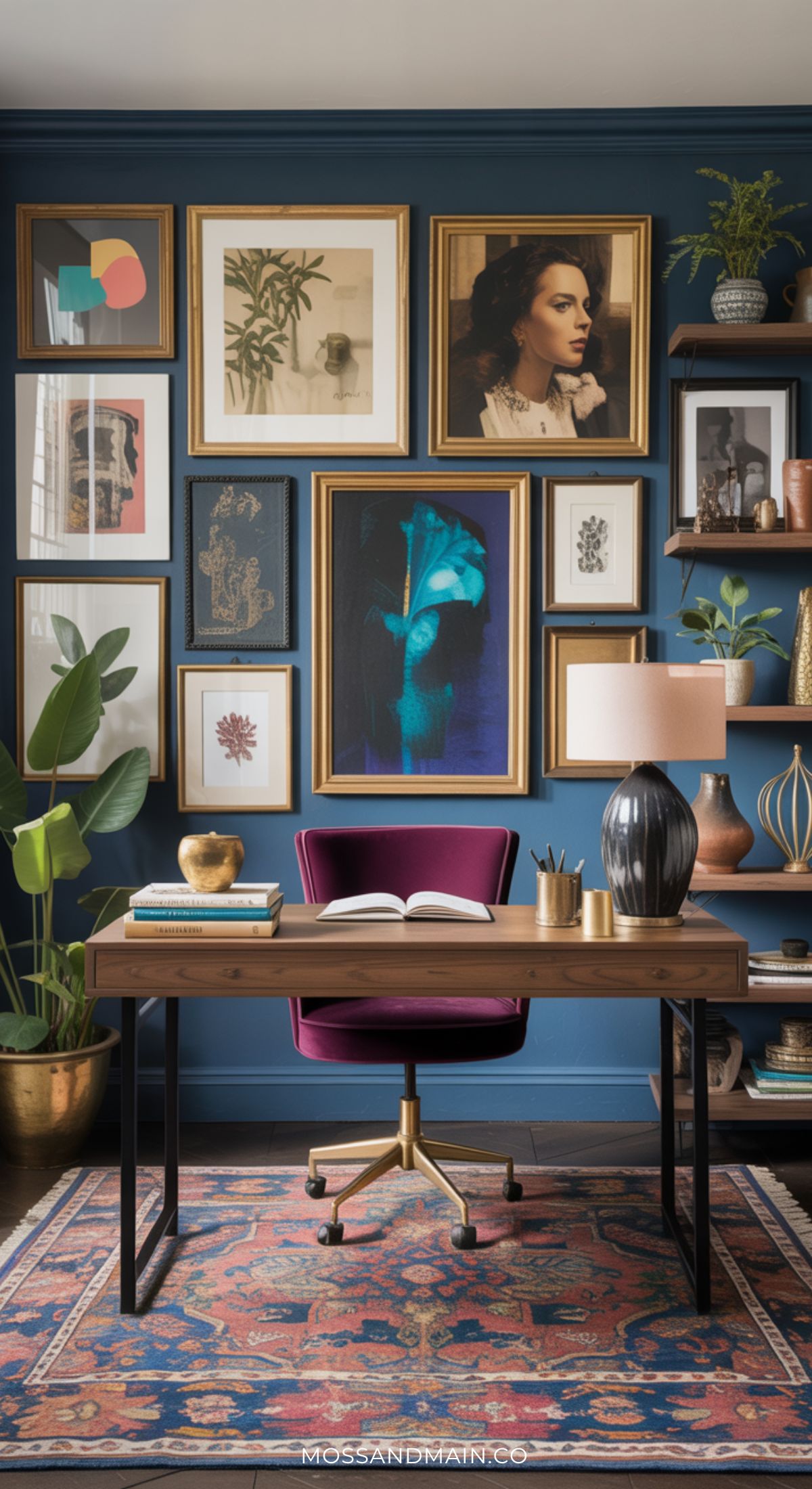 A stylish home office inspired by 2026 design trends features a wooden desk, purple chair, and patterned rug. The blue wall displays framed art and photos, while a potted plant, lamp, and books add decorative touches.