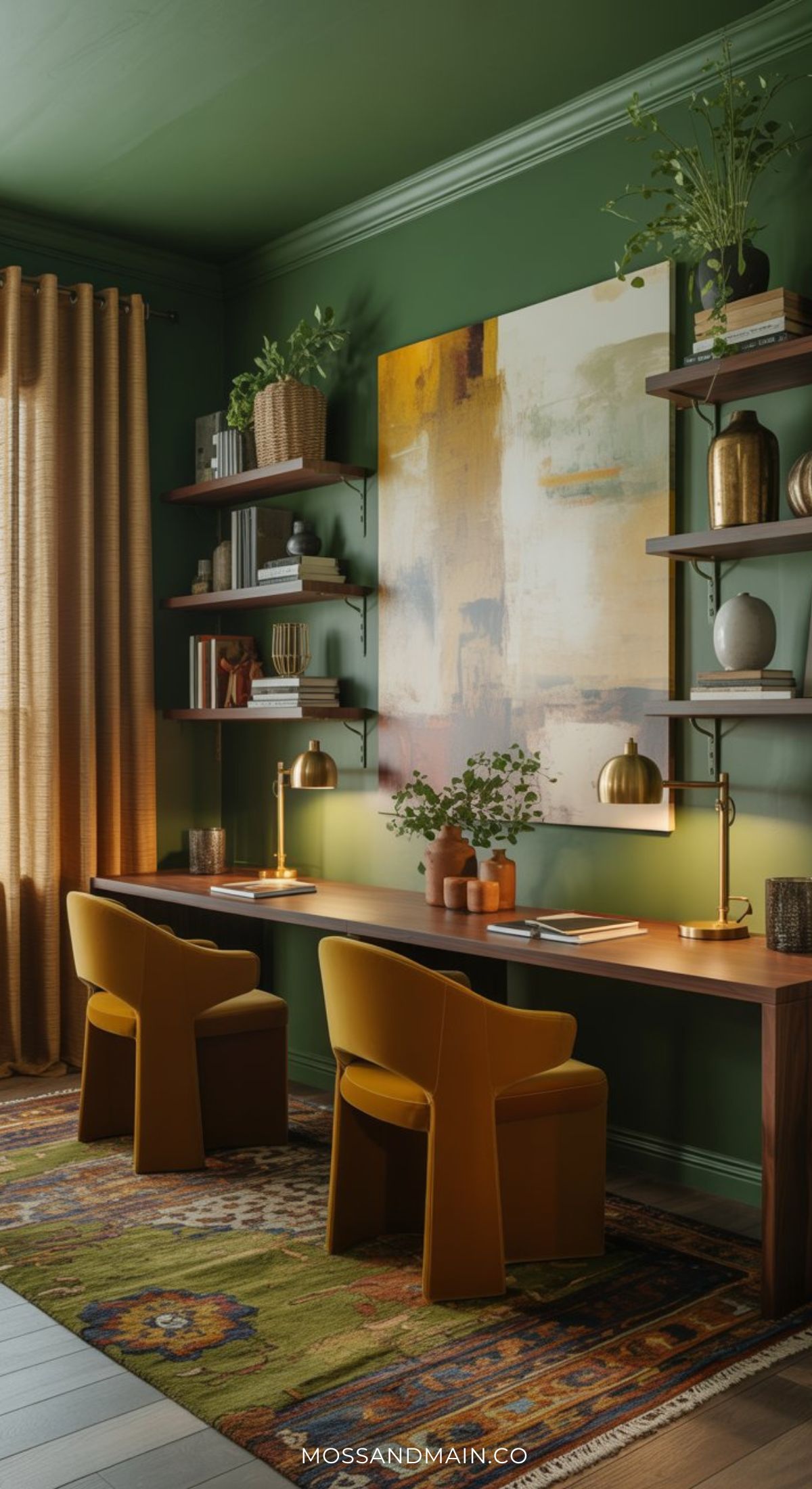 A stylish home office design featuring two mustard yellow chairs at a long wooden desk, green walls, gold lamps, floating shelves with decor, a large abstract painting, and a patterned rug—showcasing 2026’s top design trends. Light filters through beige curtains.