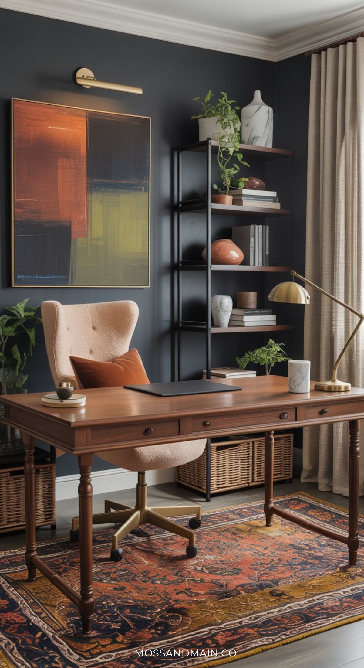 A stylish home office with a wooden desk, cushioned chair, brass lamp, dark wall, abstract art, open shelving with books and decor, and a patterned rug on hardwood floors—showcasing top Home Office Trends for 2026.
